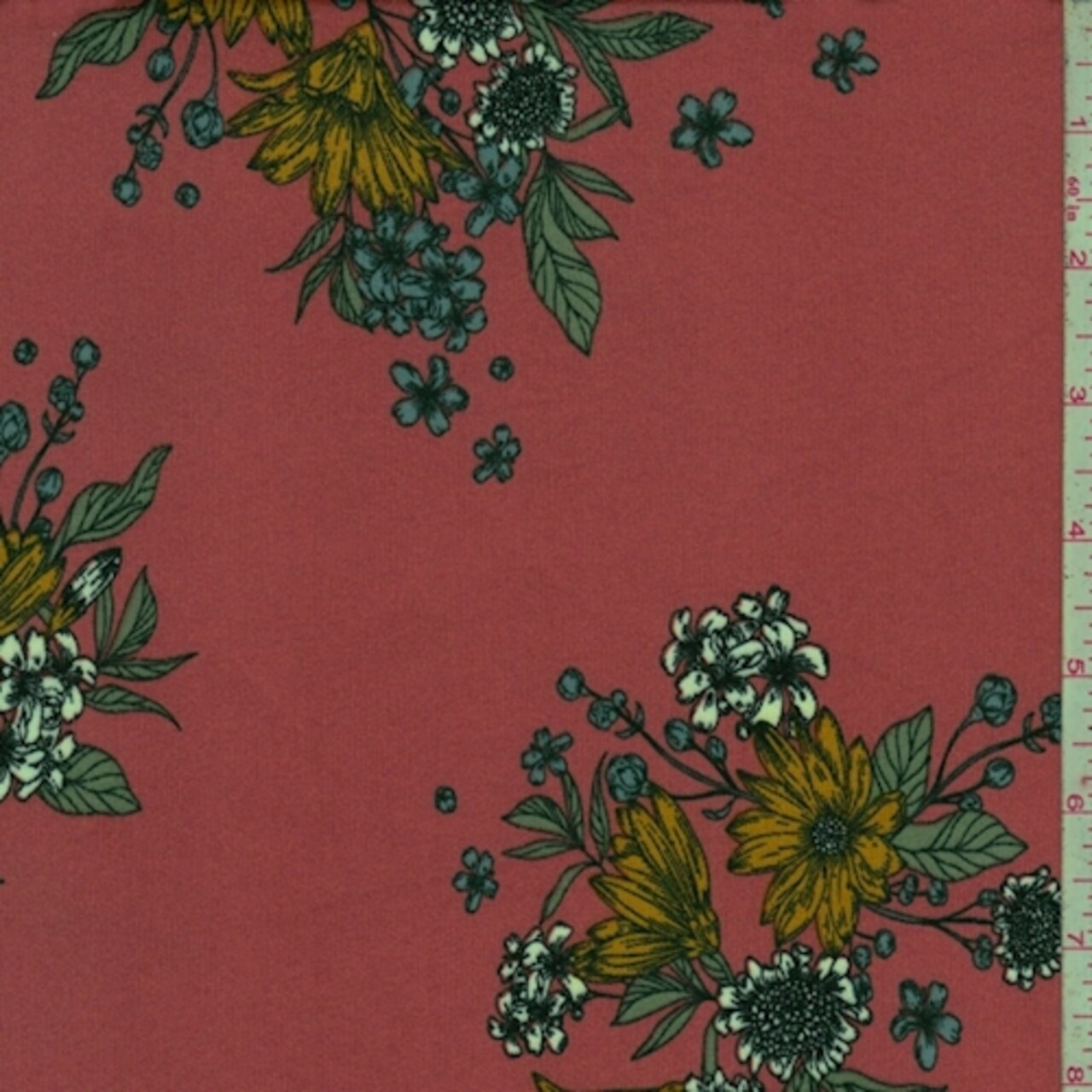 Salmon/Gold Multi Floral Cluster Brushed Jersey Knit Fabric By the Yard